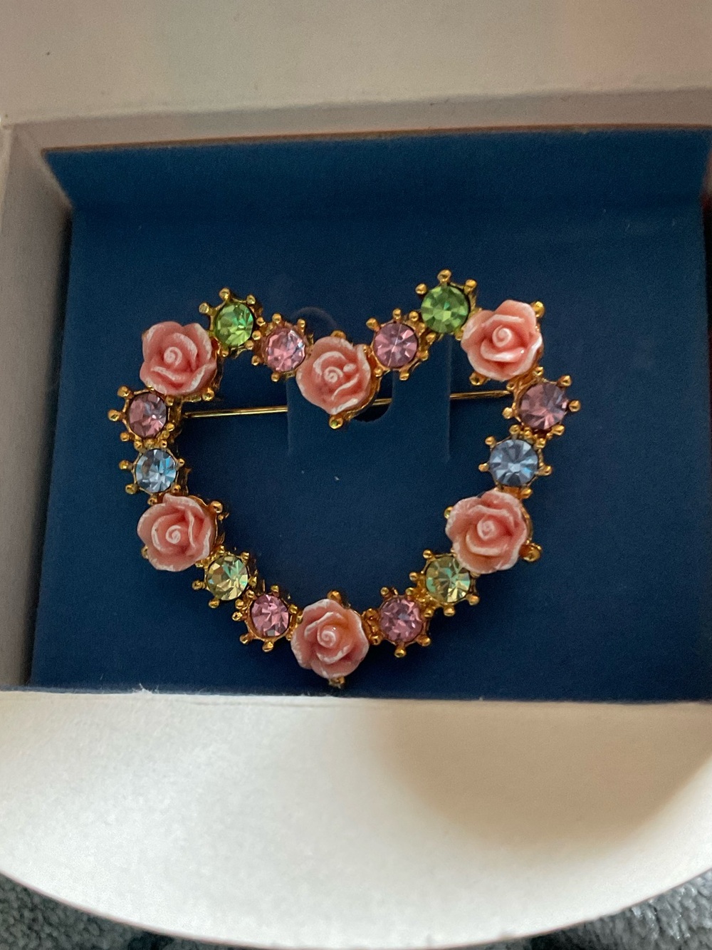 Vintage Avon Gold-Tone Heart Brooch with Pink Roses and Pastel Gems
